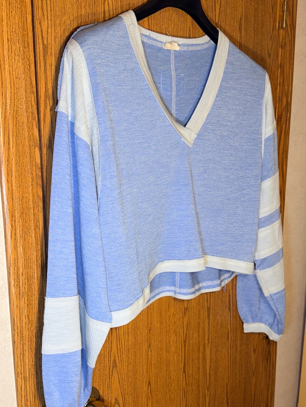 POL Light Blue V-Neck Cropped Patchwork Pullover - Picture 3 of 5